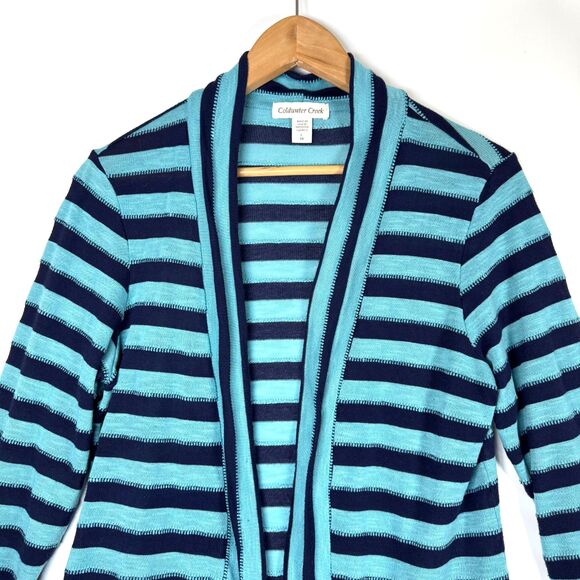 Coldwater Creek Cardigan Womens Large Blue Teal Stripe Open Front Knit USA Made - Picture 2 of 13